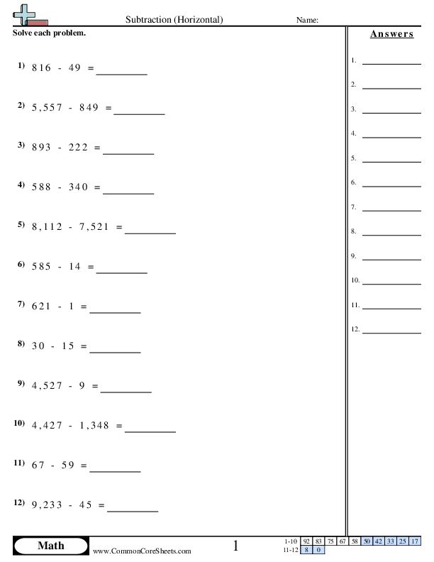 Subtraction (Horizontal) worksheet